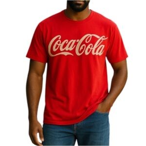 COCA COLA Men's Graphic Logo T-Shirt Red Crewneck Short Sleeve Cotton Size L